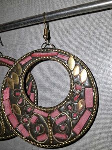 Unique Boho Hoop Earrings with Pink Inlay
