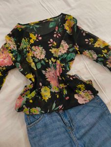 Sheer Floral Print Long Sleeve Top