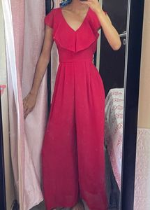 V-Neck Ruffle Detail Red Dress