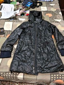 Hooded light leather jacket and winter dress