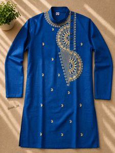 Men's Blue Kurta (Punjabi) with Golden Embroidery