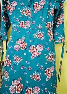 Teal Floral Print Bell Sleeve Dress
