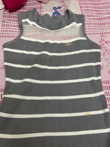 Striped Sleeveless Top with Sheer Neckline