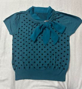 Teal Polka Dot Knit Top with Bow