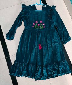 Teal Velvet Dress with Floral Embroidery