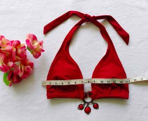 Chic Red Halter Bikini Top with Embellishments