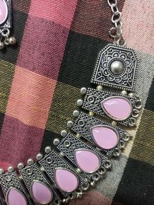Oxidized Silver Pink Stone Necklace Set