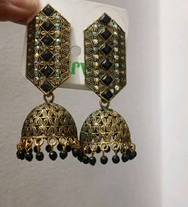 Indian Jhumka Earrings with Black Stones
