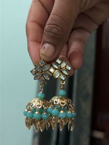 Elegant Jhumka Earrings with Turquoise Beads