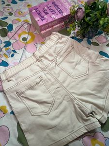High-Waisted Cotton Denim Skort in Beige/Khaki