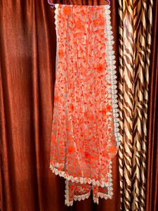 Orange Floral Embroidered Net Dupatta