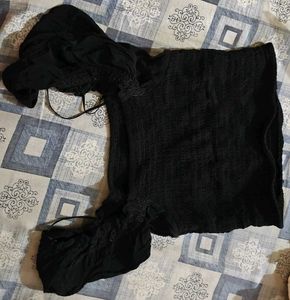 Chic Black Smocked Square Neck Crop Top