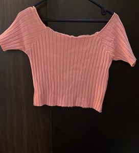Ribbed Off-Shoulder Pink Top