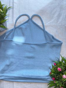 Light Blue Ribbed Halter Neck Crop Top