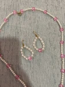 Elegant Pearl &amp; Pink Beaded Necklace and Earring S