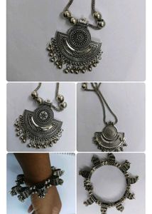 Boho Oxidised Silver Necklace &amp; Bangle Set