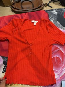 Red Ribbed V-Neck Button-Up Top