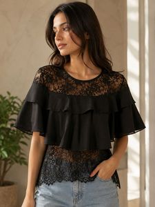 Chic Black Lace Ruffle Top