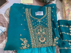 Teal Embroidered unstitched Kurta with Dupatta