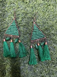 Boho Green Beaded Tassel Earrings