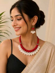 Red &amp; White Cowrie Shell Necklace &amp; Earrings Set