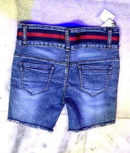 Blue Denim Shorts with Red Stripe Waistband