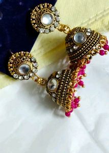 Gold Jhumka Earrings with Pink Beads