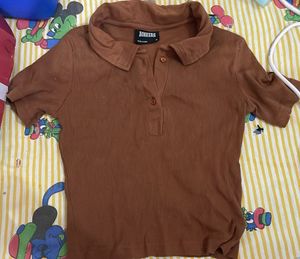 Brown Ribbed Polo Neck Top