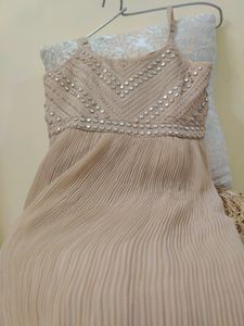 Beautiful Light Brown Knee Length Dress, Plastic Mirror Work, Round Neck, Stretchable, Adjustable Straps. Soft Material With Inner Lining. Totally New.