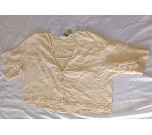 Cream Textured Button-Up Baggy Crop Top