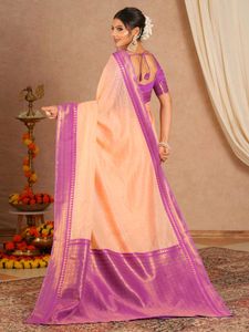 Beautiful Peach Saree with Purple Border