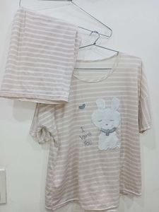 Striped Bunny Night Suit Set (Tshirt+Shorts)
