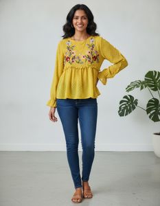 Embroidered Yellow Swiss Dot Peplum Blouse