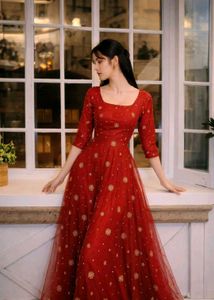 Red Kurta with Gold Embellishments & Dupatta