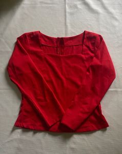 Chic Red Square Neck Long Sleeve Top
