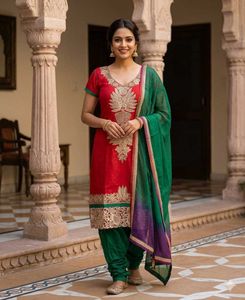 Embroidered Red Kurta Set with Green Bottom