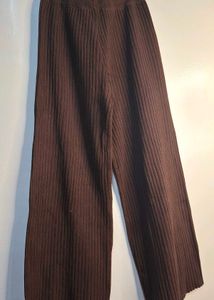 chocolate brown ribbed knit wide-leg pants.