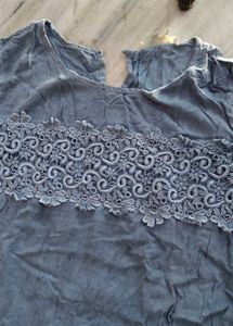 Blue Lace Trim Short Sleeve Top