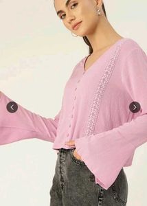 DressBerry Pink Self Design Lace Inserts Flared Sl