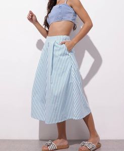 Blue Striped Wrap Midi Skirt
