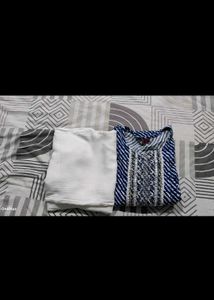Blue Striped Kurta set with White Lace