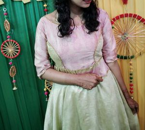 Elegant Pink &amp; Gold Anarkali Dress