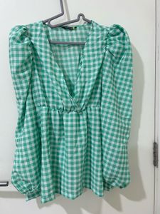 Green Gingham Puff-Sleeve Peplum Top