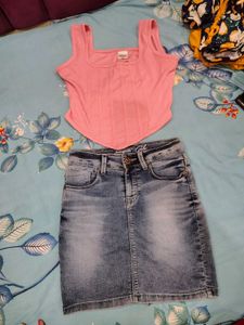 Chic Pink Corset Top & Denim Skirt Set