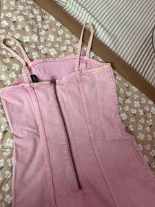 Pink Denim Spaghetti Strap Bodycon Mini Dress