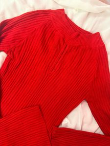 Chic Ribbed Knit Red Dress