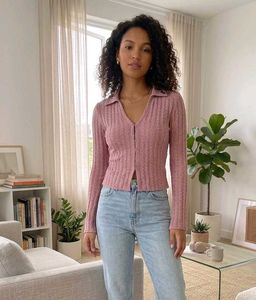 Zudio Dusty Pink Two-Way Zip Crinkle Cardigan Top