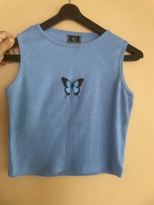 Blue Ribbed Butterfly Crop Top