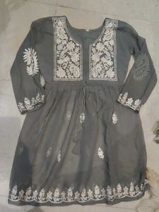 chikankari Elegant Embroidered Grey Kurta