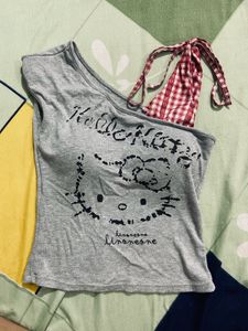 Grey One Shoulder Hello Kitty Top